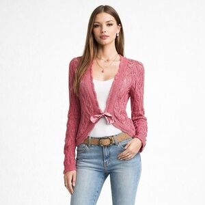 Vintage Y2K Cardigan Pink Lace Knit Balletcore Romantic Tie Front Sweater